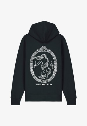 Felpa nera con cappuccio spazioso, caratterizzata da un design grafico bianco di una figura circondata da un bordo decorativo e testo sottostante.