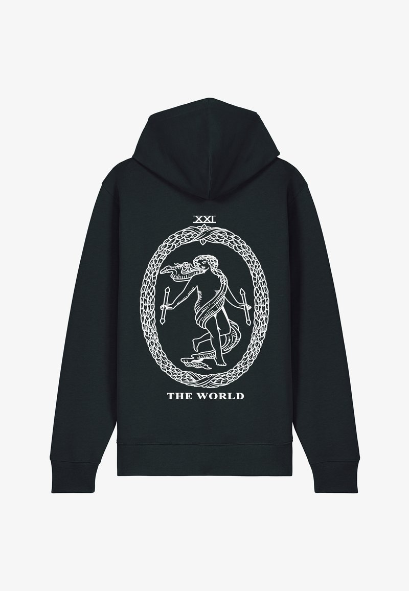 Haut à capuche noir avec une capuche spacieuse, présentant un design graphique blanc d'une figure entourée d'une bordure décorative et de texte en dessous.