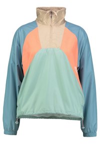 Kurtka typu windbreaker w blokowane kolory, z odcieniami niebieskiego, miętowego, brzoskwiniowego i beżowego. Wykonana z lekkiego materiału, z wysokim kołnierzem i elastycznymi mankietami.