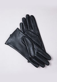 Black leather gloves with five fingers, sleek design, smooth texture, and visible stitching along seams. Accented with a snug wrist fit.
