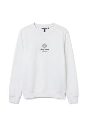 Felpa bianca a maniche lunghe con collo rotondo, piccolo emblema nero e scritta "Antony Morato" centrata sul petto.