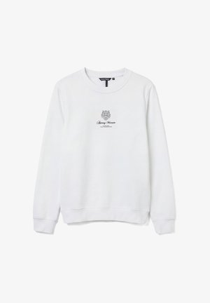 Felpa bianca a maniche lunghe con collo rotondo, piccolo emblema nero e scritta "Antony Morato" centrata sul petto.