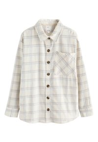 Košile s dlouhými rukávy v krémové barvě s modrými a hnědými pruhy. Má dřevěné knoflíky a kapsu na hrudi s diagonálním vzorem.