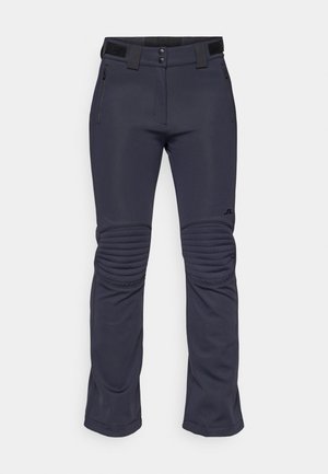 Navy ski pants made of stretchy fabric with a high waistband, zippered pockets, and padded knee accents for enhanced protection.