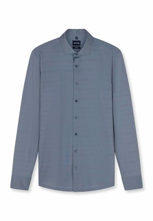 Camicia da uomo a maniche lunghe con bottoni in grigio-blu con un motivo testurizzato sottile e colletto classico su sfondo bianco.