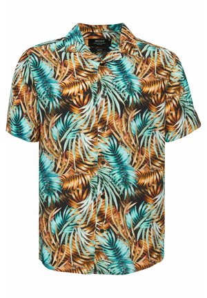 Camicia a maniche corte con bottoni che presenta un motivo di foglie di palma tropicali in tonalità di teal, marrone e verde su sfondo nero, realizzata in tessuto leggero.