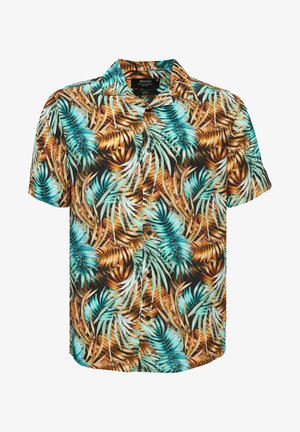 Camicia a maniche corte con bottoni che presenta un motivo di foglie di palma tropicali in tonalità di teal, marrone e verde su sfondo nero, realizzata in tessuto leggero.