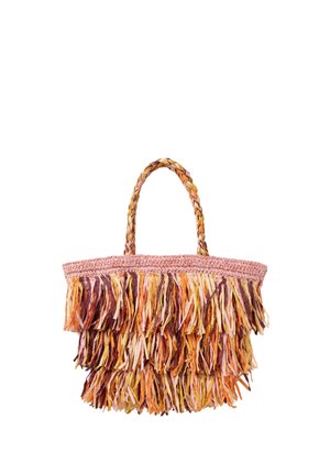 Sac fourre-tout tissé à la main avec des poignées tressées et des franges superposées dans des nuances de rose, orange, jaune et marron.