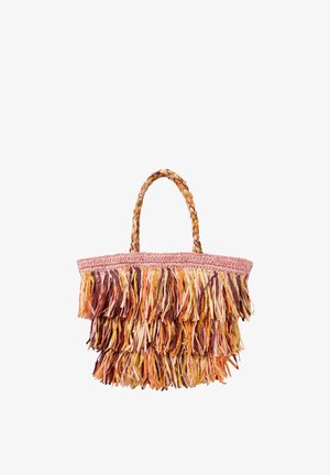 Sac fourre-tout tissé à la main avec des poignées tressées et des franges superposées dans des nuances de rose, orange, jaune et marron.
