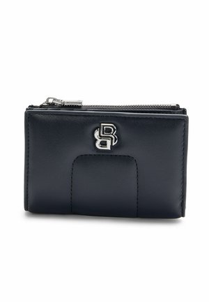 Portafoglio in pelle blu navy con texture liscia, dotato di chiusura con zip, dettaglio logo impresso e tasca frontale. Design compatto.