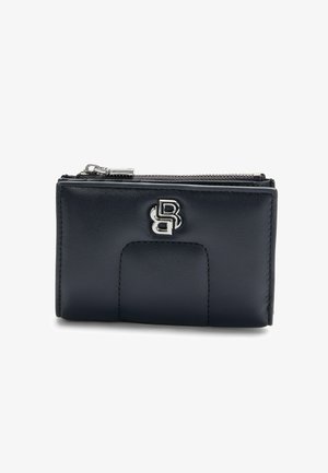 Navy leather wallet with a smooth texture, featuring a zip closure, embossed logo detail, and a front pocket. Compact design.