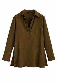 Chemise marron à manches long avec col, dotée d'une patte de boutonnage, de détails de coutures verticales et d'un ourlet fluide. Texture de tissu lisse.