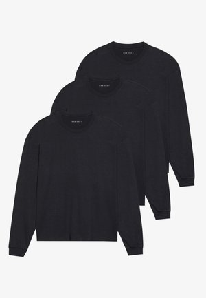 Trois chemises à manches longues noires, en tissu doux, avec des encolures rondes et des poignets ajustés. Design minimaliste sans motifs visibles.