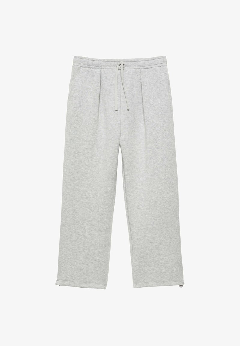 Pantalon de survêtement décontracté gris clair avec taille à cordon et poches latérales, coupe droite et décontractée, présenté sur fond blanc.