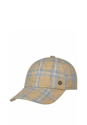 Brown and blue plaid baseball cap with curved brim, button on top, and a small round metal tag on the side, shown on a plain white background.
