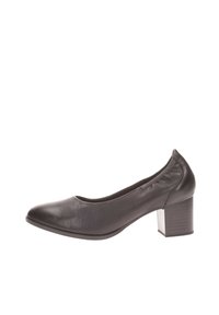 Black leather pump with rounded toe, textured heel, and smooth surface. Mid-height block heel provides stability. Simple and streamlined design.