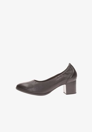 Schwarzer Lederpumps mit gerundetem Zehenbereich, strukturiertem Absatz und glatter Oberfläche. Der mittelhohe Blockabsatz sorgt für Stabilität. Einfaches und elegantes Design.