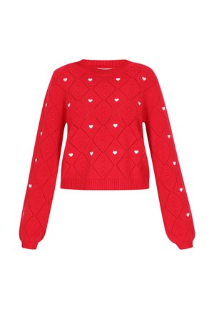 Roter Strickpullover mit langen Ärmeln, der ein Rautenmuster und kleine weiße Herzen aufweist. Verkürztes Design am Saum.