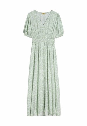 Jasnozielona sukienka midi z małym białym wzorem kwiatowym, z bufiastymi rękawami, dekoltem w serek, zapinana na guziki z przodu, z marszczonym detalem w talii.
