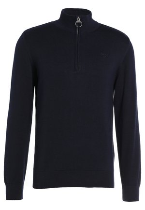 Sötétkék félcipzáros pulóver kötött anyagból, magas gallérral, bordázott mandzsettával és visszafogott logóval a mellkasán.