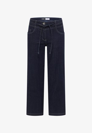 Granatowe dżinsy o szerokich nogawkach z przednim zapięciem na guziki, ściągaczem w pasie, dwoma przednimi kieszeniami i widocznymi detalami szwów.