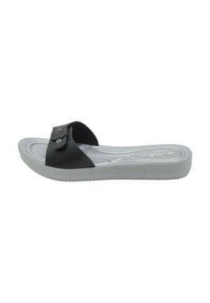 Sandalo grigio imbottito con ampia fascia nera regolabile e fibbia, progettato per un uso casual.