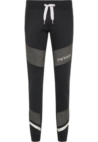 Schwarze Jogginghosen mit grauen Seitenpanelen, elastischem Bund mit Kordelzug und weißen Akzenten. Mit Logo-Druck am linken Bein. Aus weichem Textilmaterial.