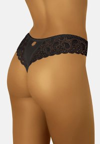 Perizoma in pizzo nero con bordo scallopato e motivi intricati, dotato di un piccolo dettaglio a forma di chiave sul fronte per un tocco di interesse in più.