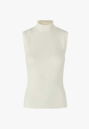 Ärmelloses cremefarbenes Rollkragentop mit gerippter Textur, figurbetontem Design und gewelltem Kragen- sowie Saumdetail.