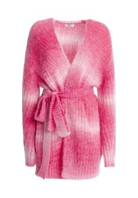 Roze gradient cardigan van zacht, fuzzy materiaal, met een wikkelontwerp, lange mouwen en een strikceintuur op de taille.