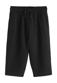Črne kratke hlače iz bombažne mešanice z elastičnim pasom, nastavljivo vrvico in stranskimi žepi. Gladek tekstura in dizajn do kolen.