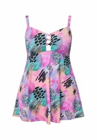 Kleurvolle jurk met een abstracte print in roze, paars en teal. Gemaakt van lichtgewicht stof met dunne bandjes en een uitsnijding in het midden.
