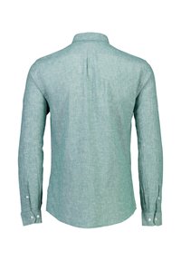 Långärmad skjorta i ljusgrön, tillverkad av textilier med struktur. Har krage i vanlig stil och knäppta manschetter. Bakre läggningsdetalj ingår.