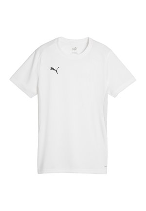 Witte sportieve shirt met korte mouwen, gemaakt van lichtgewicht stof, met een zwart Puma-logo op de borst en een ronde halslijn.