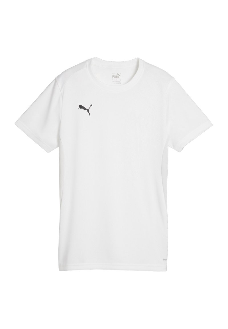Witte sportieve shirt met korte mouwen, gemaakt van lichtgewicht stof, met een zwart Puma-logo op de borst en een ronde halslijn.