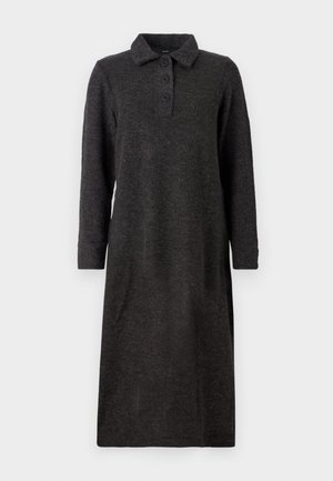 Dark gray knitted dress featuring a collar, long sleeves, and three buttons down the front; falls mid-calf with a straight cut and soft texture.
