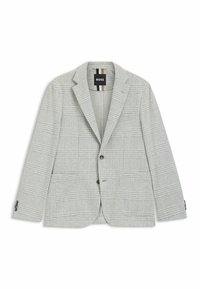 Jasnoszary żakiet w kratę, wykonany z teksturowanej tkaniny. Posiada zapięcie na jeden guzik oraz dwie przednie kieszenie. Widoczna metka marki.
