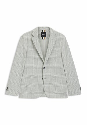 Blazer gris claro con un patrón de cuadros, hecho de una tela texturizada. Cuenta con un cierre de un solo botón y dos bolsillos frontales. Etiqueta de la marca visible.