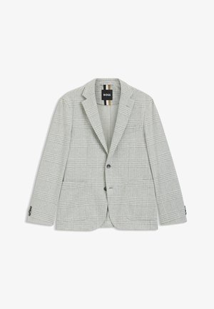 Blazer gris claro con un patrón de cuadros, hecho de una tela texturizada. Cuenta con un cierre de un solo botón y dos bolsillos frontales. Etiqueta de la marca visible.