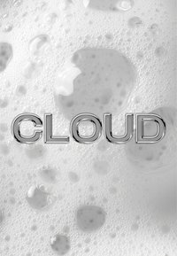 Zilveren tekst "CLOUD" op een witte, bubbelsachtige achtergrond met druppels van verschillende groottes. De textuur lijkt glad en glanzend.
