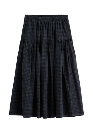 Fustă midi în carouri negre și gri închis, cu volane adunate și talie elastică, prezentată pe o suprafață plată, pe un fundal alb.