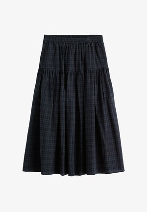 Must ja tumehall ruuduline midi seelik, millel on kogutud kihid ja elastne vöökoht, kuvatud lamedalt valgel taustal.