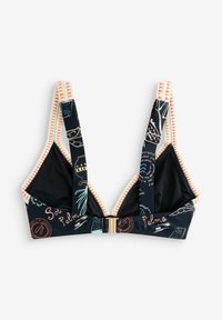 Čierny bikiny top so vzorom tropických rastlín, s ružovými akcentmi, širokými ramienkami a zlatým zapínaním vpredu.