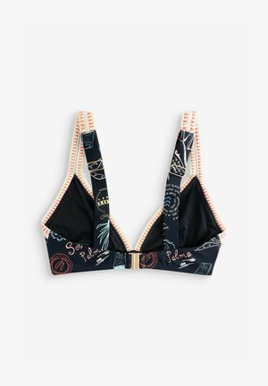 Musthave musta bikiinitop tropiilise mustriga, roosa aktsentidega, laia rihmaga ja kuldse luku sulgemisega ees.