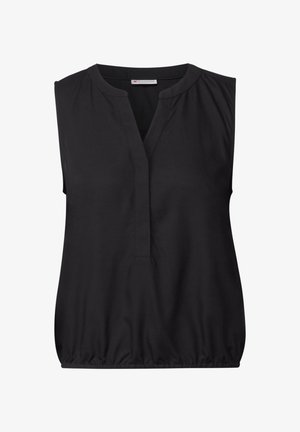 Top senza maniche nero con scollatura a V, orlo inferiore arricciato e texture liscia. Presenta pieghe sottili sulle spalle e dettagli di design minimi.