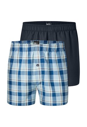 Zwei Herrenboxershorts, eine einfarbig dunkelblau und eine hellblau mit dunkelblauem und weißem Karomuster, beide mit elastischem Bund.