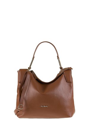 Sac à épaule en cuir brun texturé avec une silhouette douce, des accents en métal doré et une bandoulière détachable et réglable. Fermeture zippée en haut.