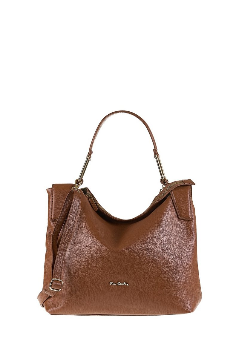 Sac à épaule en cuir brun texturé avec une silhouette douce, des accents en métal doré et une bandoulière détachable et réglable. Fermeture zippée en haut.