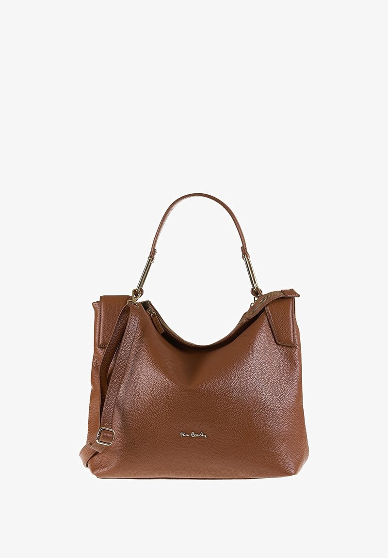 Borsa a spalla in pelle marrone con una silhouette morbida, dettagli in metallo dorato e una tracolla regolabile e removibile. Chiusura superiore con zip.
