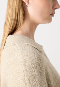 Beige striktrøje med en blød tekstur, skåret krave og synlige sømdetaljer, parret med en simpel sølv hoop ørestik.